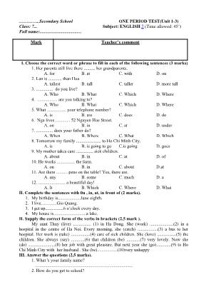 Bộ đề kiểm tra 45 phút và kiểm tra học kỳ I môn Tiếng Anh Lớp 7
